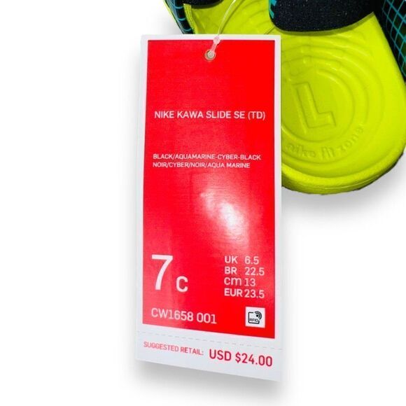 Nike Kawa Slide SE Black / Cyber / Aquamarine CW1658-001 Infant 7 - Picture 10 of 11